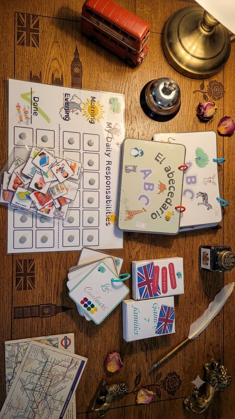 Pack 9 Immersion Linguistique et Autonomie – matériel pédagogique anglais espagnol bilingue My daily responsabilities Trousseaux ABC English Game of 7 families Little questions for a Great Champion primaire collège SEGPA ULIS